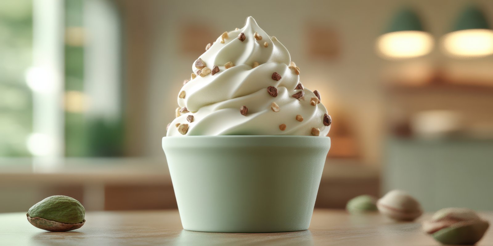 Delicious soft serve ice cream with nuts served in a mint-colored cup at a cozy dessert shop